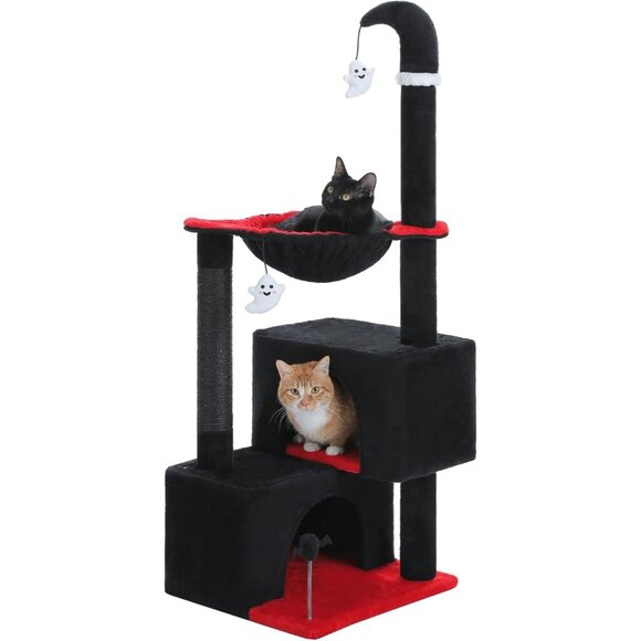 New 45in Gothic Cat Tree with 2 Condos, Hammock, Toys & Scratching Posts – Black - Picture 1 of 8